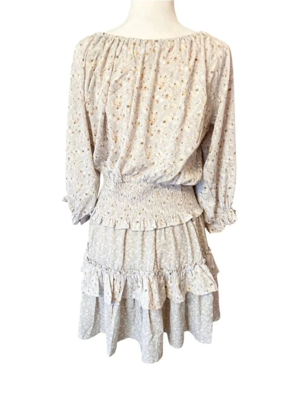 Easel Cream Floral Smocked Mini Dress SZ L Cottagecore Fairy Romantic - Picture 3 of 11